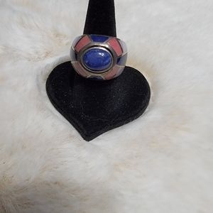 Mosaic stone ring with center lapis stone.  Size 6.  SS.  Western style.